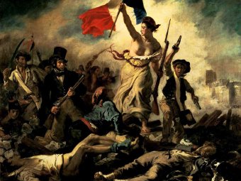 Fotografia obrazu Wolność wiodąca lud na barykady autorstwa Eugène’a Delacroix