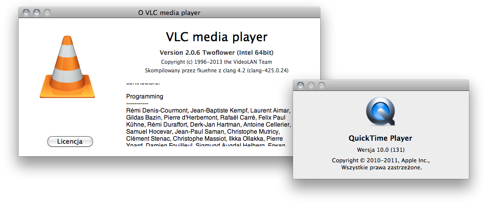 Porównanie danych dotyczących autorstwa w okienkach informacyjnych odtwarzaczy QuickTime Player i VLC